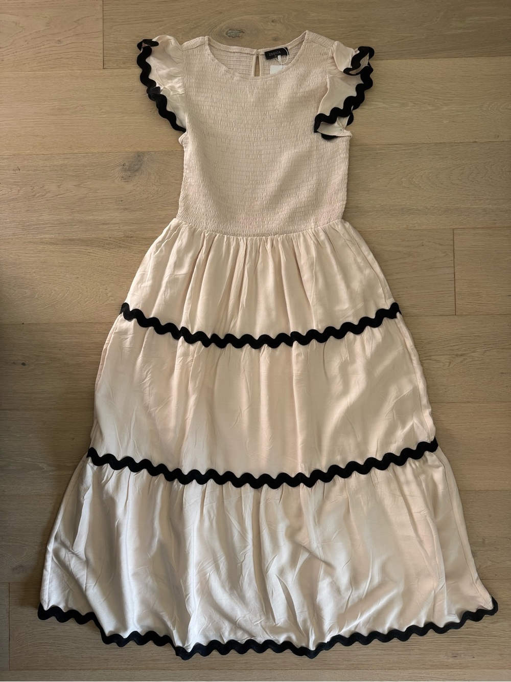 Cream Maxi Dress with Black Rickrack Trim - Elegant Occasion Wear